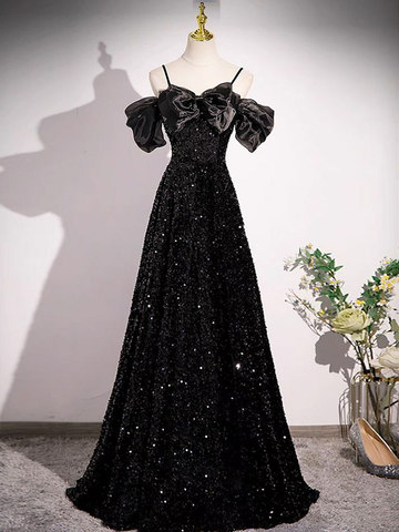 Black Off Shoulder Sequin Long Prom Dress Evening Dress With Bow Knot HZ1023